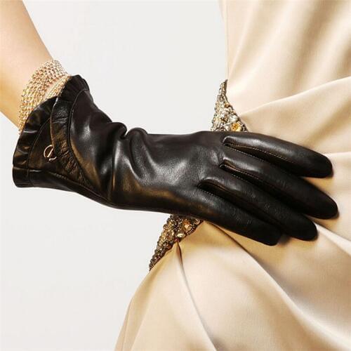 Autumn Fashion Women Sheepskin Gloves Winter Plus Warm Velvet Wrist Lace Genuine Leather Elegant Lady Driving Glove EL007NC-5