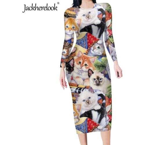 Jackherelook Cute Cartoon Christmas Cats Brand Design Maxi Long Sleeves Pencil Dresses for Womens Casual Bodycon Dress Vestidos