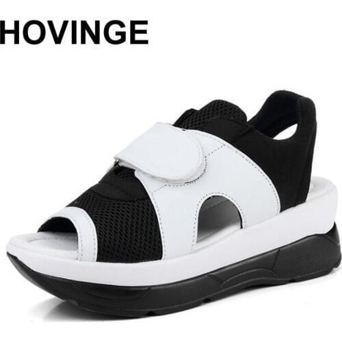 HOVINGE Summer Womens Sandals Casual Mesh Microfiber Breathable Shoes Woman Comfortable Wedges Lace Platform Sandals