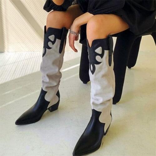 Fashion Women Leather Pointed Toe Knee High Boots Punk Goth Cowgirl Long Boots 34 35 36 37 38 39