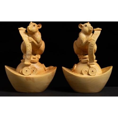 Ingot Mouse Boxwood Sculpture Living Room Decoration Feng Shui Solid Wood Crafts Lucky Zodiac Rat Statue Home Decor Sculpture