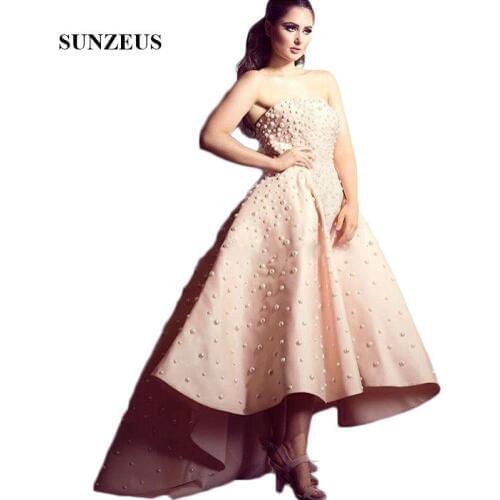 Strapless Matte Satin Formal Evening Dresses African Women Evening Gowns 2019 High Low Skirt Pearls Party Gown abendkleider SE02