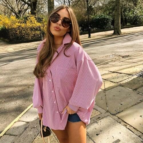 Women Button Down Lapel Shirts, Classic Striped Print/Solid Color Long Sleeve Loose Tops