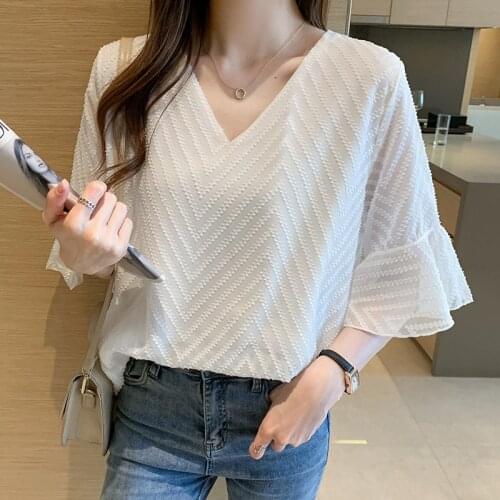 Womens Tops V-neck Chiffon Blouse Women Summer Casual Loose Oversized Shirt Solid Color Top Blusas Mujer De Moda 2021 Verano