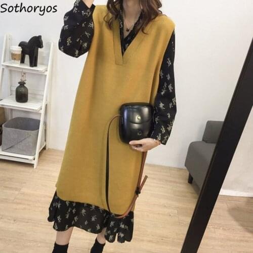 Women Sets Long Sweaters Vest Floral-printed Dress 2 Pieces Ladies Elegant Fashion Vintage Large-size 4XL Chic Ulzzang Outfits