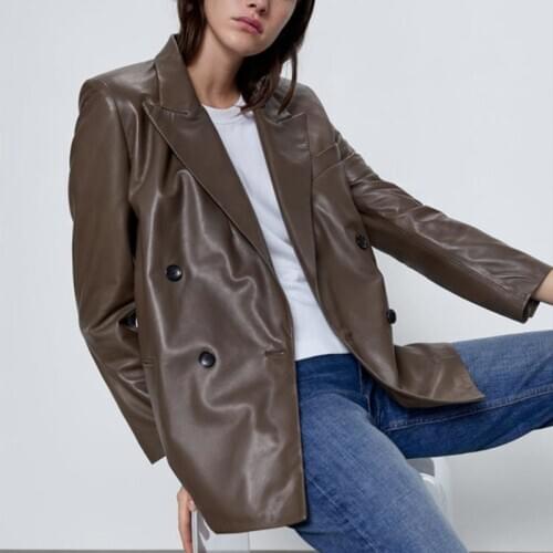 Single-piece Suit Leather Double Breasted Jacket Top New 2020 Autumn Arrivals Womens Double-breasted V-neck Pu Sleeve Full