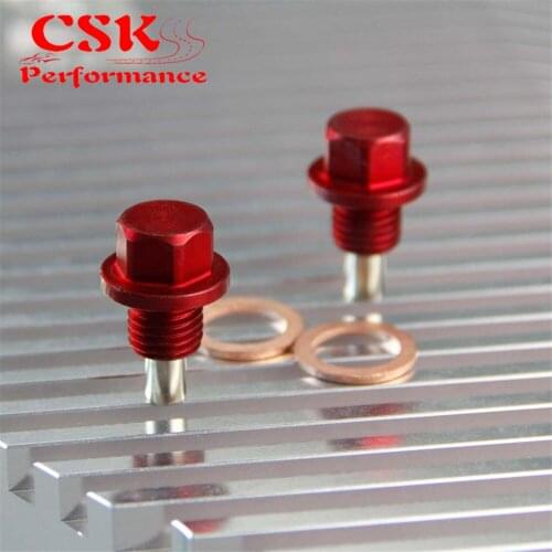 2 Pcs Engine Magnetic Oil Pan Drain Plug Bolt Anodized Crush Washer M12 x 1.5 Red