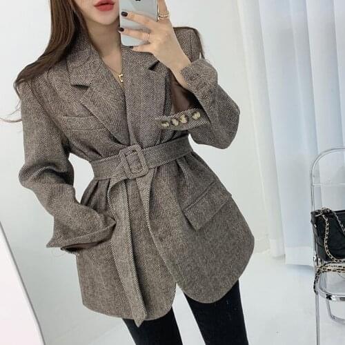 Ailegogo Autumn Winter Women Fashion Office Lady Warm Blazer with Belt Casual Female Lapel Chic Woolen Coat Streetwear Outwear