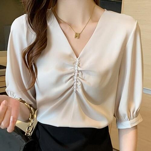 Blouses Tops Women Short Sleeve Blouse Women Blusas Mujer De Moda 2021 Beading V-Neck White Blouse Chiffon Blouse Shirt Top E894