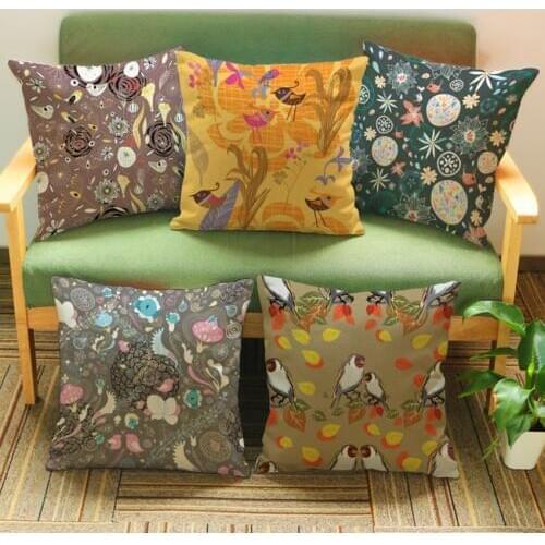 US Country Style Birds Flower Decorative Pillow Cover Cotton Linen Abstract Art Cushion Cover Square Car Seat Pillowcase Sunbird
