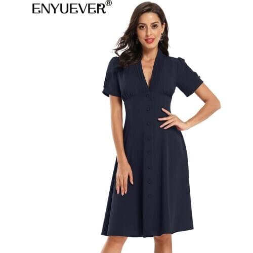 Enyuever Elegant Office Dress Women Clothing 2021 Short Sleeve V Neck Robe Retro Swing High Waist Summer Clothes Ladies Dresses