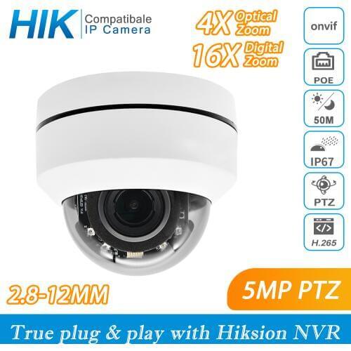 Hikvision Compatible PTZ IP Camera 5MP 4X-16X ZOOM Speed Dome Camera Outdoor IR 50M H.265+ CCTV Security Camera IP IP67 IK10