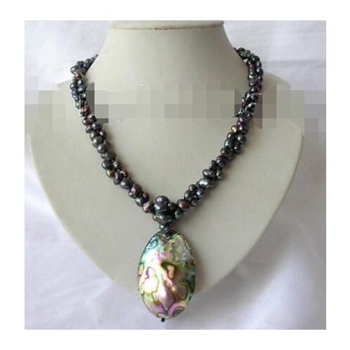 Classic 20" 2strands 8mm baroque black pearl necklace abalone shell pendant