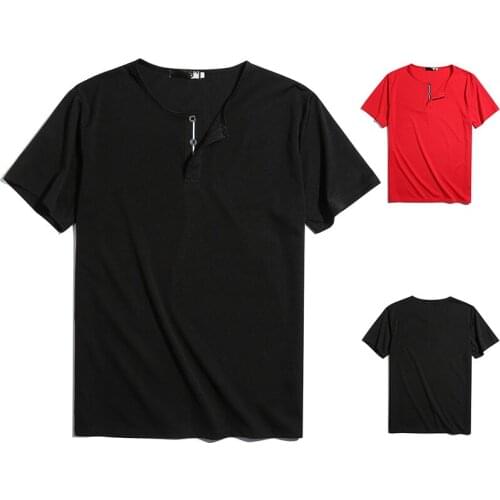 Summer New Fashion Solid Color Round Neck Button Design Mens Casual Short-Sleeved T-Shirt