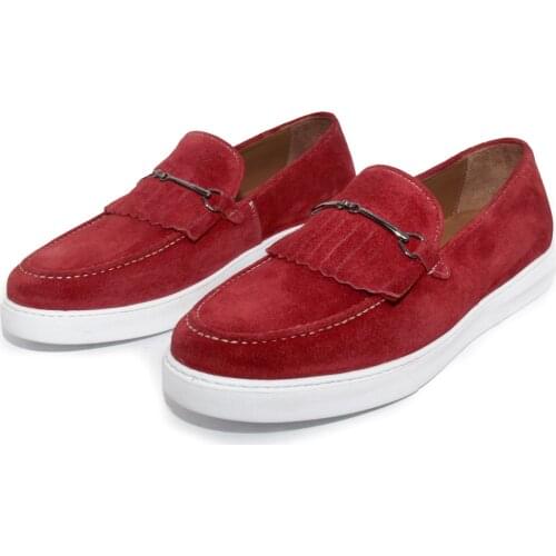 Handmade Kiltie Loafers with Lightweight & Soft EVA Sole, Red Color Real Cow Suede, Casual Shoes New Collection Spring 2021