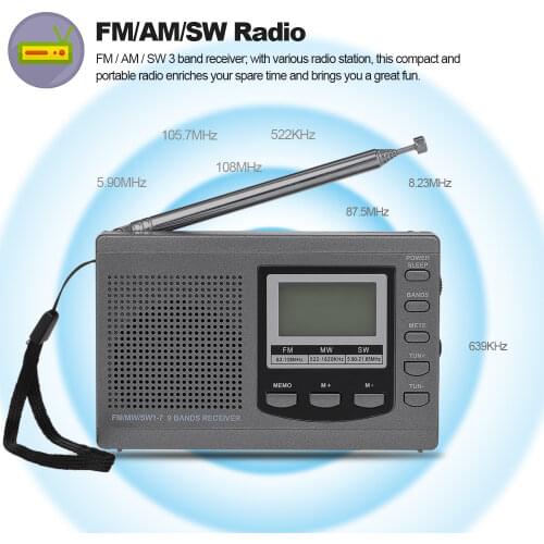 Mini HRD-310 FM/AM/SW Radio Multiband Digital Stereo Portable Radio Receiver Earphone Time Display Alarm Clock Rotatable Antenna