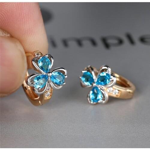 Trendy Female Aqua Blue Zircon Earrings Charm Rose Gold Color Clip Earrings For Women Dainty Crystal Flower Wedding Earrings