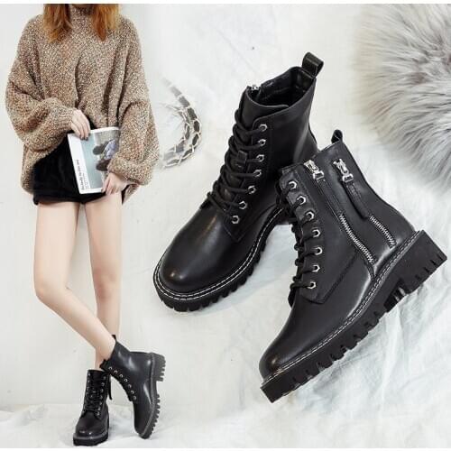 Motorcycle Boots with Double Zippers, Black Lace-up Ankle Boots (Height 4.5cm 1.77inches)