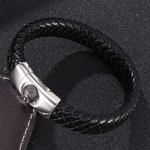 Vintage Black Braided Leather Bracelets Men Fashion Buddha Magnetic Steel Buckle Trendy Bracelet Retro Male Jewelry Gifts ST0315