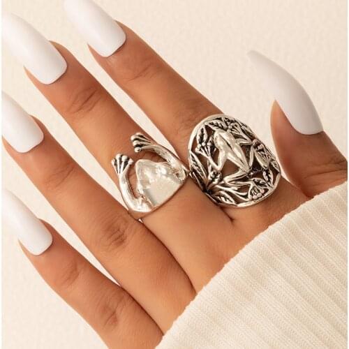 Tocona 2pcs/sets Frog Ring Sets for Women Charms Toad Vintage Silver Color Alloy Metal Hollow Goemetric Jewelry кольца 18340