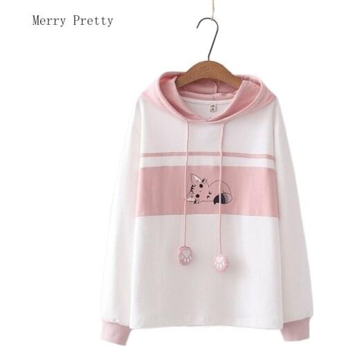 2021 New Summer Hooded Sweatshirt Ladies Casual Cartoon Cat Print Womens Hoodies Sweet Style Cotton Pullover Drawstring Tops