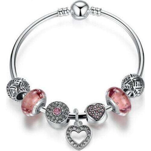 New Simple Friendship Bracelets Silver Plated Heart Pendant Bracelets with European Beads Girl Bracelet Jewelry