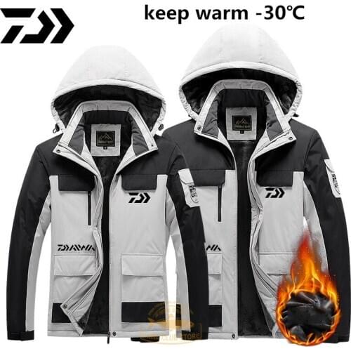 Daiwa Clothes Fishing For Winter Jacket Men Coat Fleece Thicken Thermal Fishing Jacket Hooded Windproof Zipper Fishing Clothes