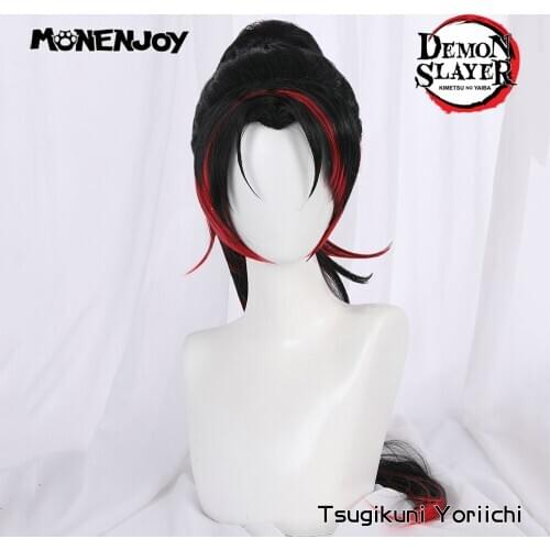Monenjoy Demon Slayer Tsugikuni Yoriichi Cosplay Wig Black Red Gradient Widows Peak Cos Hair