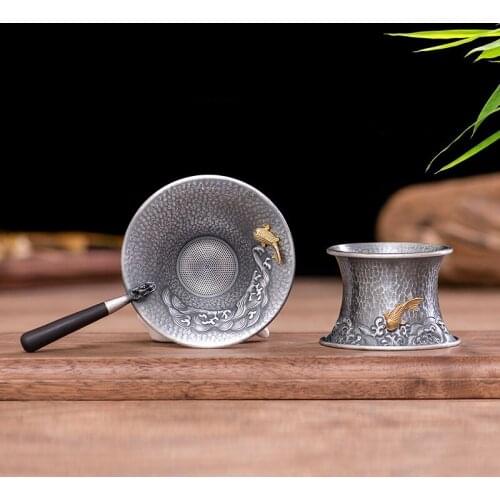 Gilt Koi Do The Old Anti-oxidation Tea Leak Sterling Silver 999 Tea Mesh Leak Handle Infuser Net Filter Hole Water Separator