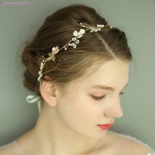 Jonnafe Simple Gold Floral Hair Vine Beads Bridal Headband Leaf Rhinestone Wedding Hair Tiara Accessories Women Headpiece