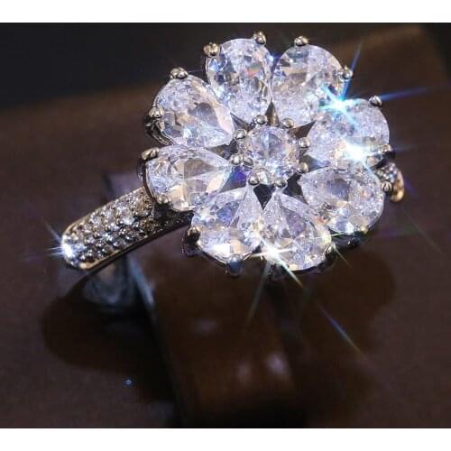 Luxury 925 Silver Wedding Rings for Women Shiny White Zircon Stone Flower Shape Engagement Party Rings Valentines Day Gift