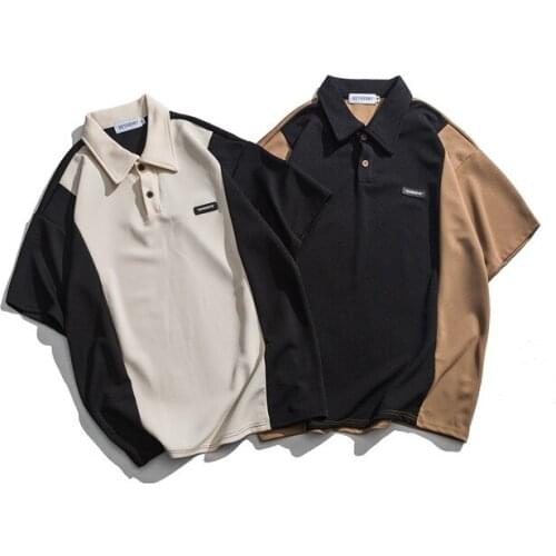 Harajuku contrasting colors stitching loose matching shirts androgynous short-sleeved Hong Kong style