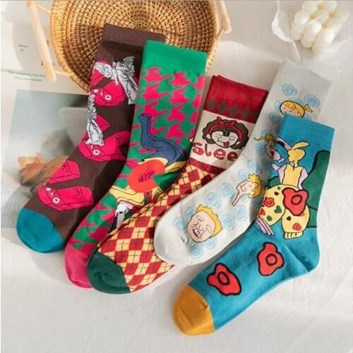 Cute Winter Woman Socks Long Funny Sock Couple Middle Tube Stockings For Man Girls Ins Street Style Personality Graffiti Cotton