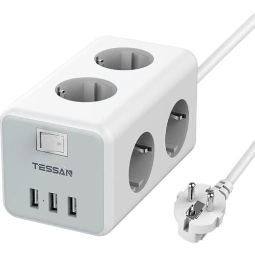 TESSAN EU Plug Power Strip 6 Outlets 3 USB Charging Ports Multi Socket with On/Off Switch Overload Protection 2M Extension Cable