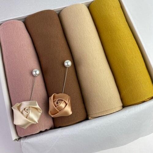 Jersey Hijab Scarf Solid Color Islamic Long Hijab With Brooches Shawls Wraps Musulman Headscarf Foulard Femme Box Gift