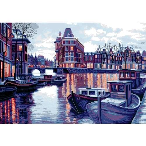 Top Quality Counted Lovely Beautiful Counting Cross Stitch Kit Channel in the Twilight Boat Port Evening Sunset Night