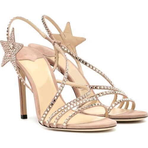 Glitter Ladies Bling Rhinestone Stars Sandals Pentacle High Heel Fashion Thin Crystal Straps Open Toe Summer Dress Party Sandals