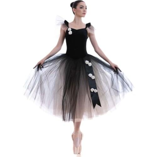 Black Velvet Camisole with Romantic Tulle Skirt Ballet Long Tutu for Women & Girl Dancer Performance Costume Dance Dress 18439
