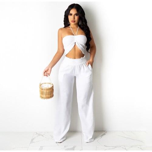2021 New Arrival Famous Brand 2 pcs Women Set Bandage Solid Strapless Short Tops Long Pants Summer Beach Outfits