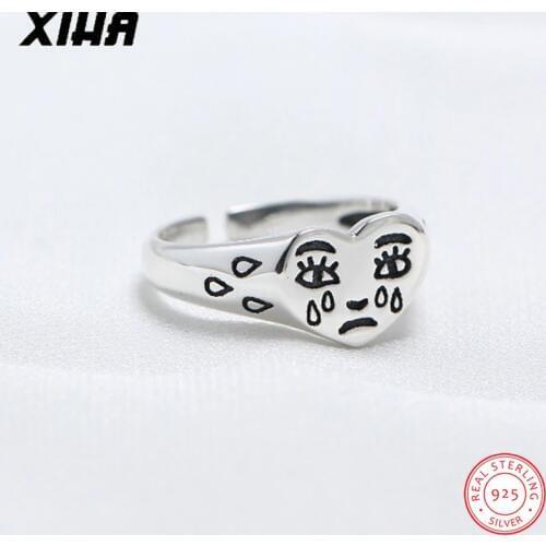 925 Sterling Silver Rings for Women 2020 Cry Face Open Adjustable Love Heart Ring S925 Silver Office Party Statement Jewelry
