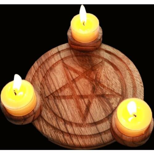 Wooden Candle Holders Candlestick Table Pentacle Altar Plate Triquetra Wooden Divination Wicca Ceremony Astrology Pentagram