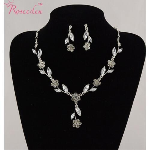 Elegant Womens Gold Silver Color Jewelry Sets Leaves Plated Wedding Bridal Rhinestone Crystal Necklace + Earrings sets RE17