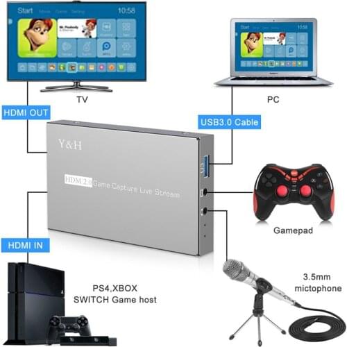 4K 60fps HDR HDMI Loop Video Capture Card USB 3.0 Game Live Streaming Plate 1080p Recording Box MIC In 3.5mm Gamepad Audio Input