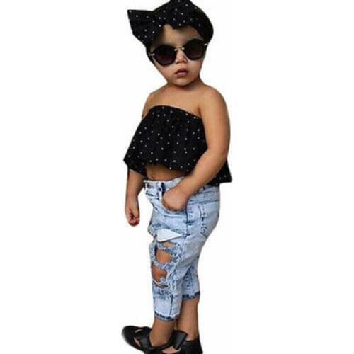 3pcs Fashion Girls Clothing Set 2019 Summer Baby Girls Clothes Black Crop Top Dot Decoration+Denim Pant Children Clothing Ailing