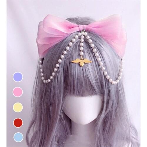 Lolita Girl Lace KC Head Band Bow Chain Hair Clasp Headwear Princess Cosplay Maid Chiffon Hair Accessories D591