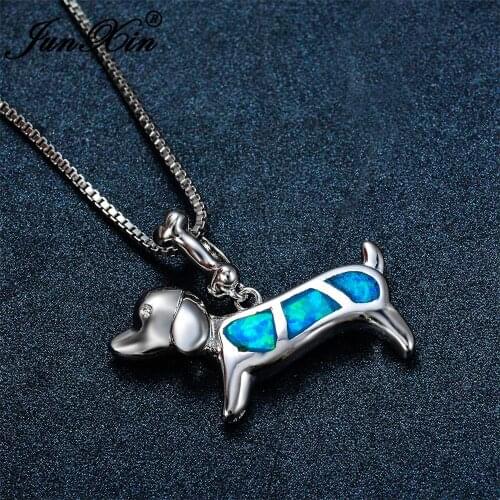 Fashion Female Blue Opal Pendant Necklace Silver Color Wedding Necklaces For Women Cute Zircon Animal Dog Jewelry