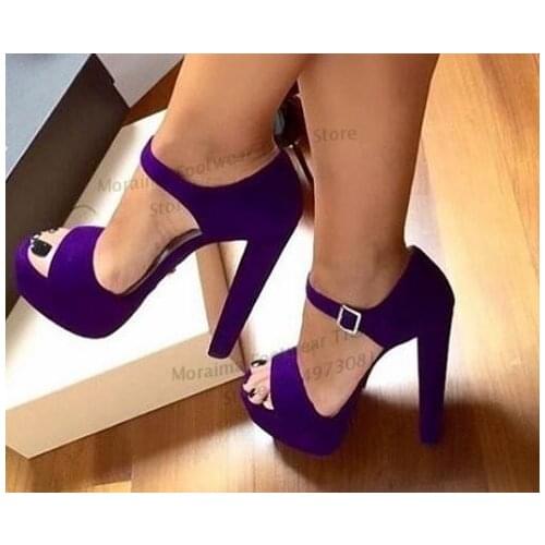 Moraima Snc Peep Toe Platform Chunky Heels Woman Sandal Purple Suede Ankle Strap Platform Dress Shoe Sexy Sandal