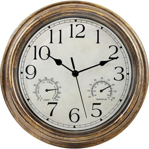 12inch Wall Clock,Retro Waterproof Clock with Displays Thermometer&Hygrometer,Noise-Free Clock for Indoor/Outdoor