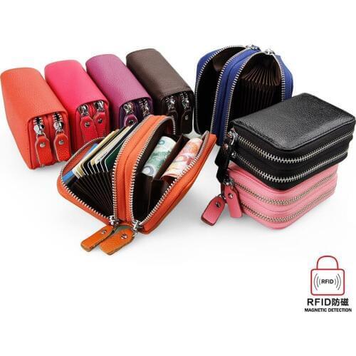 Genuine Cow Leather Change Purse Card Holder Women / Men 2 Zipper Card Bag Brand Solid Color Wallet Coin Pocket