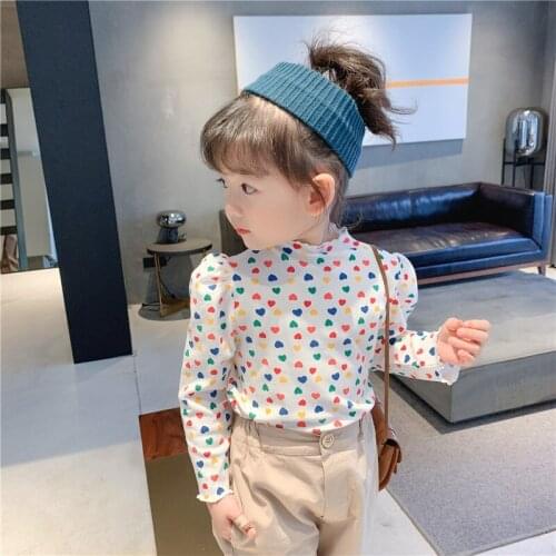 Autumn girls cute heart printing base long-sleeved Tops 1-7 years kids puff sleeve casual T shirts